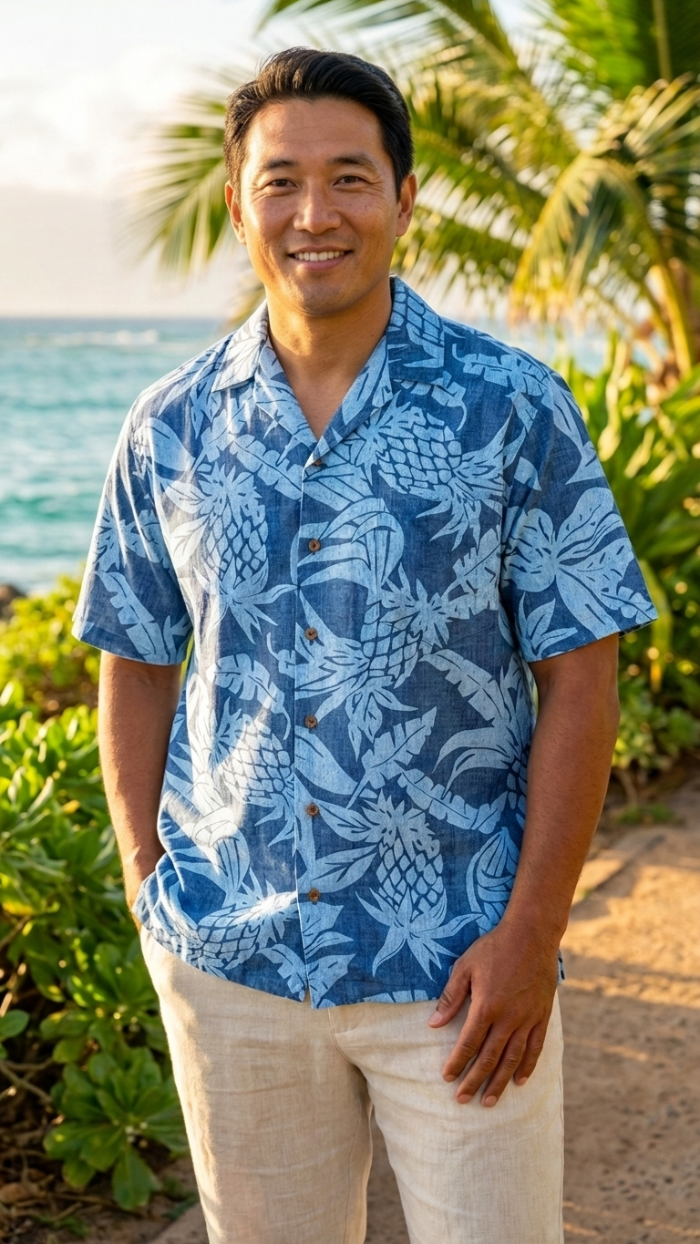 Man by the ocean wearing a blue rayon Hawaiian shirt with a hala pineapple print