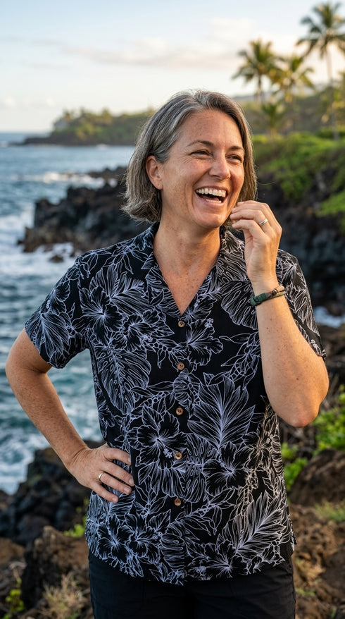 RJC Woodcut Hibiscus Garden Women's Hawaiian Camp Shirt – Rayon, Made in Hawaii