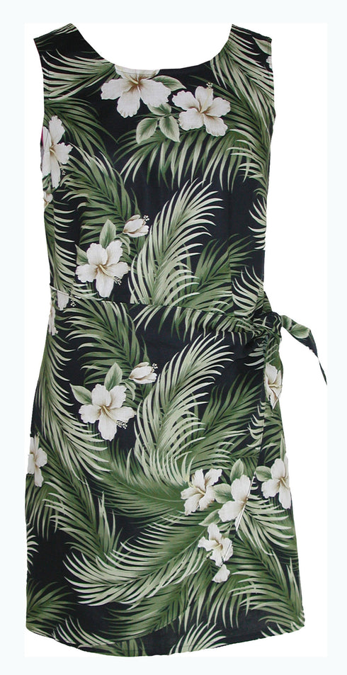 White Hibiscus Fern Women's Mock Wrap Hawaiian Sarong Dress