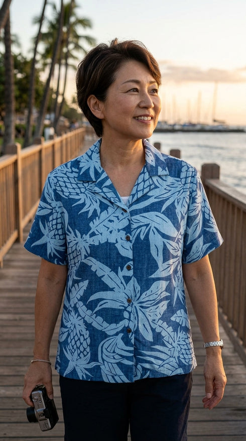 RJC Hala Pineapple Women's Hawaiian Camp Shirt – Rayon, Made in Hawaii
