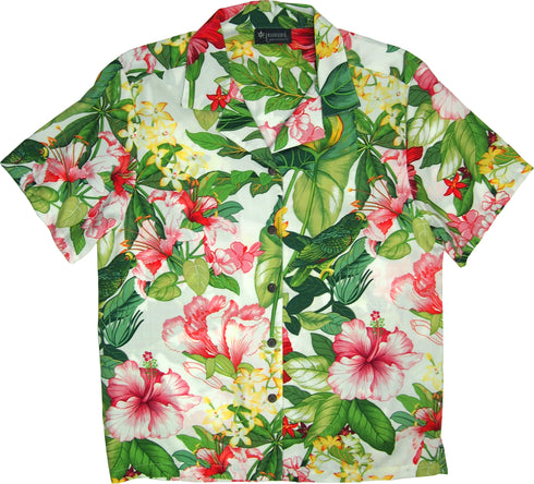 Parakeet Lush Garden Women's Hawaiian Camp Shirt – 100% Rayon, Made in Hawaii | RJC