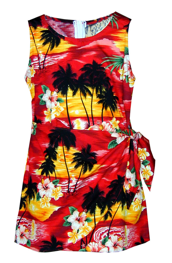 Brilliant Hawaiian Sunset Girl's Mock Wrap Hawaiian Sarong Dress