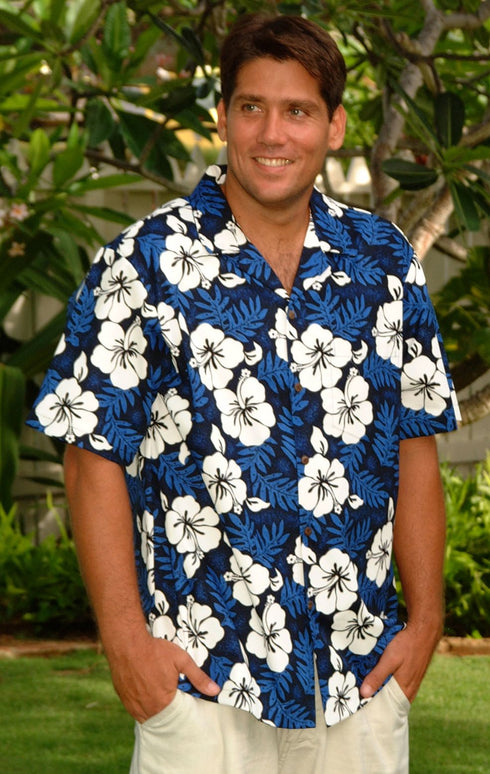 White Hibiscus Fern Men's Hawaiian Shirt