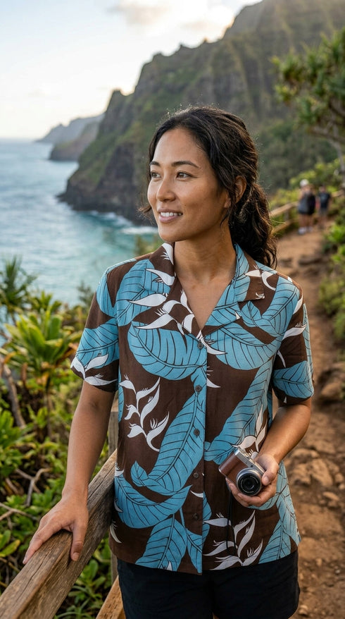 Ginger Heliconia Women's Hawaiian Camp Shirt – 100% Rayon, Made in Hawaii | RJC
