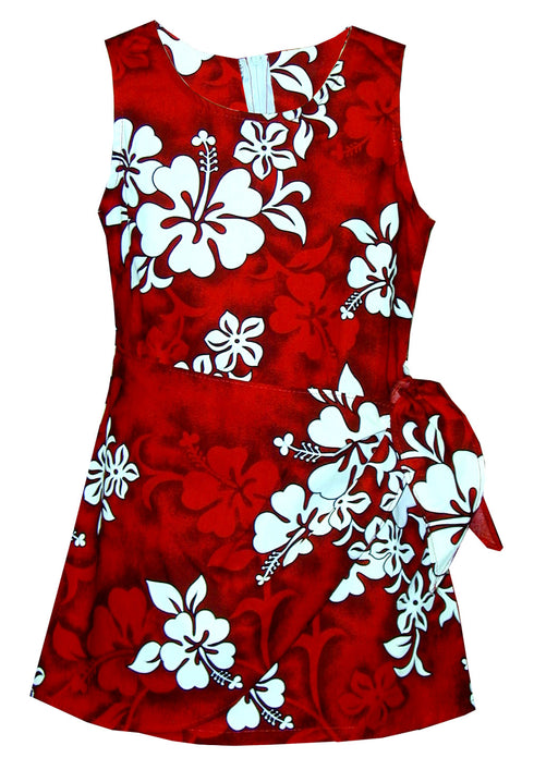 Shadow White Hibiscus Girl's Mock Wrap Hawaiian Sarong Dress
