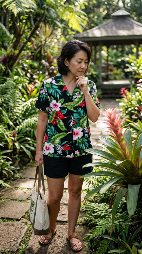 RJC Hibiscus Anthurium Garden Women's Hawaiian Camp Shirt – Rayon, Made in Hawaii