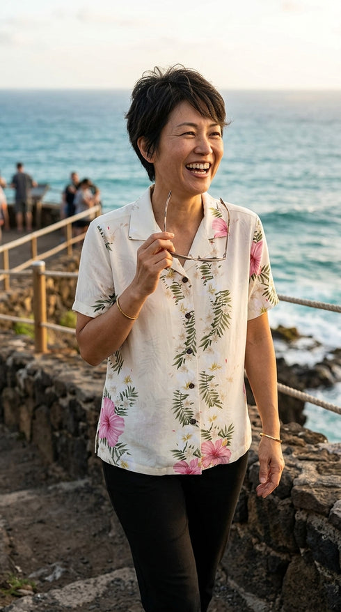 Paradise Lei Panel Women's Hawaiian Camp Shirt – 100% Rayon, Made in Hawaii | RJC
