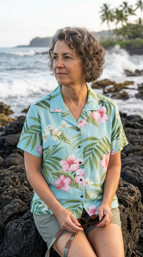 Pale Hibiscus Orchid Women's Hawaiian Camp Shirt – 100% Rayon, Made in Hawaii | RJC