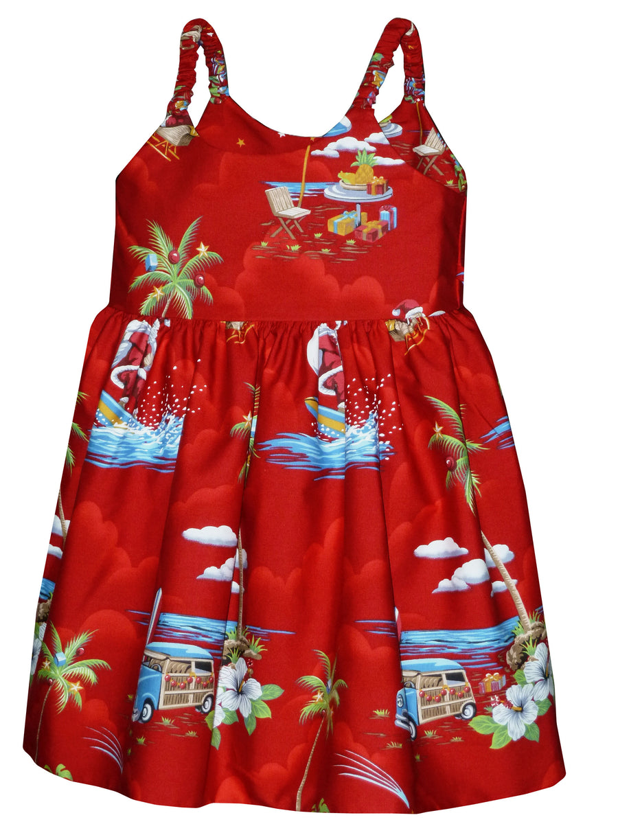 Santa's Hawaiian Christmas Vacation Girl's Hawaiian Flared Dress – 100% Cotton, Made in USA