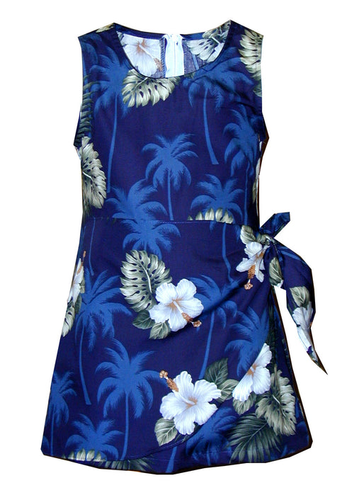 White Hibiscus Monstera Girl's Mock Wrap Hawaiian Sarong Dress
