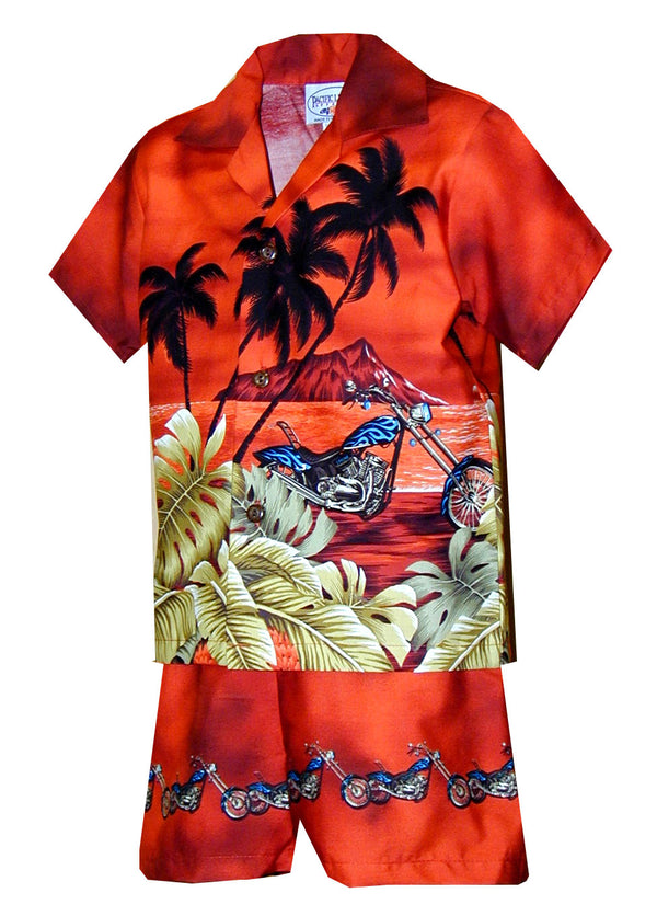 Motorcycle Hawaiian Sunset Boy's 2pc Hawaiian Cabana Set