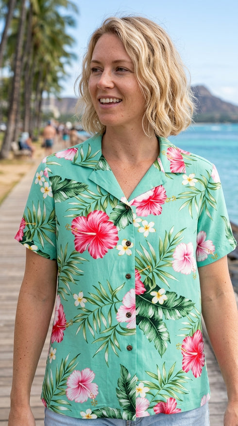 Soft Pink Hibiscus Women's Hawaiian Camp Shirt – 100% Rayon, Made in Hawaii | RJC