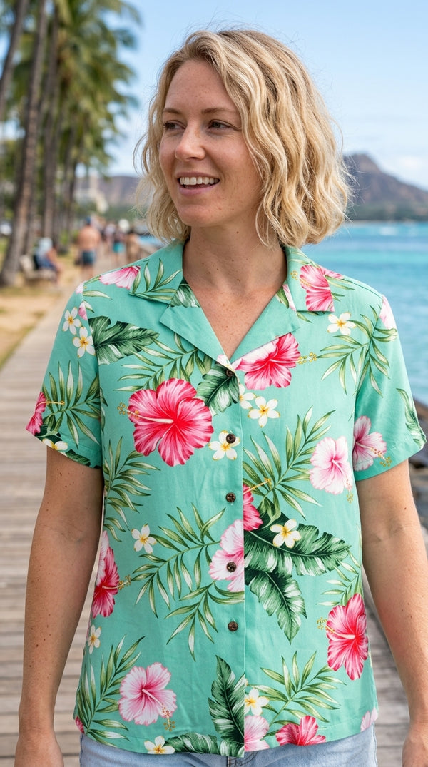 Soft Pink Hibiscus Women's Hawaiian Camp Shirt – 100% Rayon, Made in Hawaii | RJC