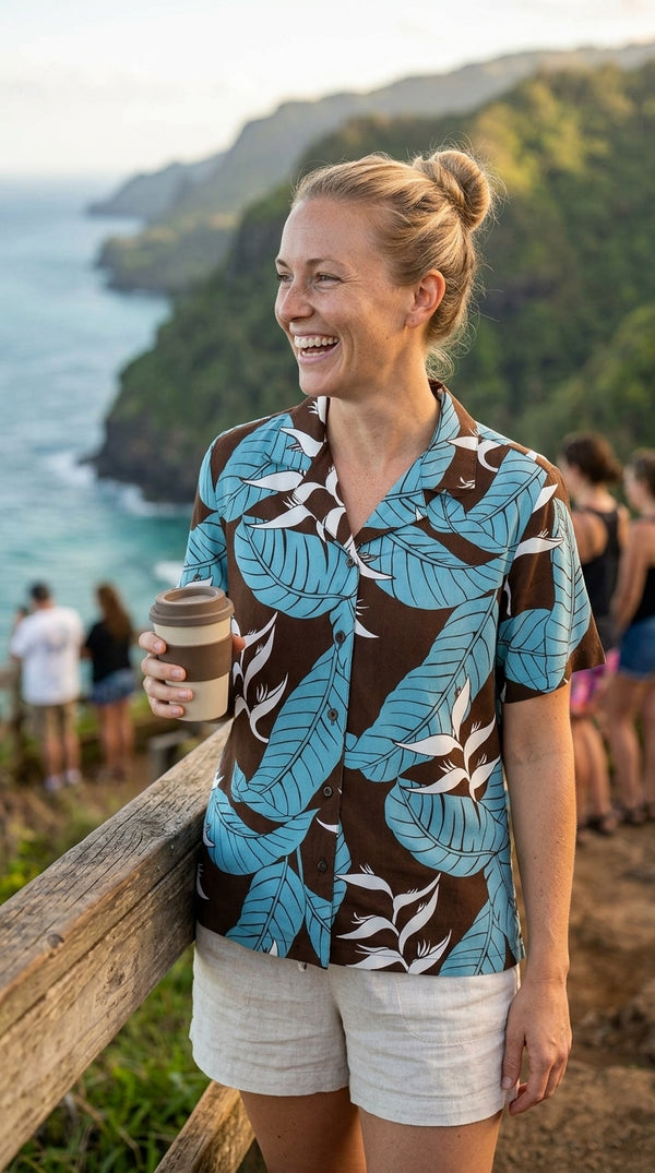 Ginger Heliconia Women's Hawaiian Camp Shirt – 100% Rayon, Made in Hawaii | RJC
