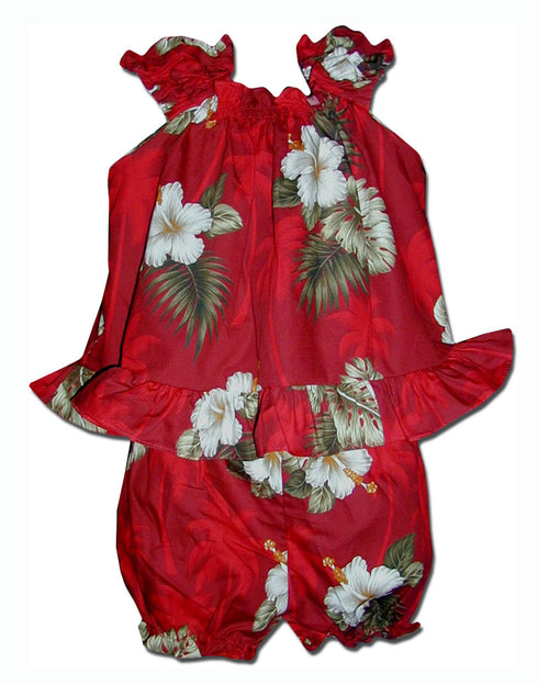 White Hibiscus Monstera Girl's 2pc Hawaiian Cabana Set
