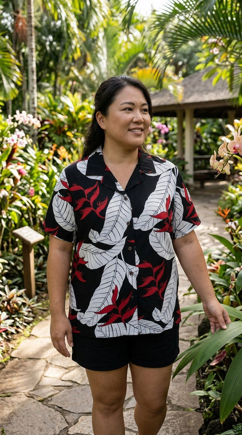 Ginger Heliconia Women's Hawaiian Camp Shirt – 100% Rayon, Made in Hawaii | RJC