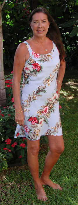 Pink White Hibiscus Women's Bias Cut Slimming Hawaiian Dress