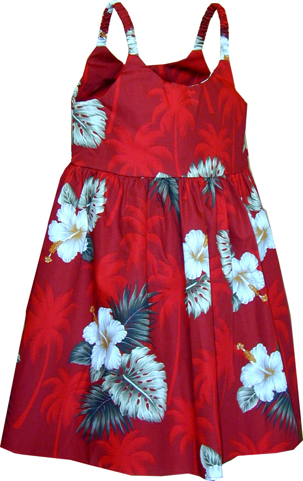 White Hibiscus Monstera Girl's Hawaiian Flared Dress