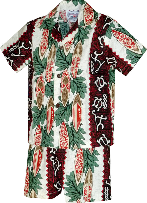 Surfboard Petroglyph Panel Boy's 2pc Hawaiian Cabana Set