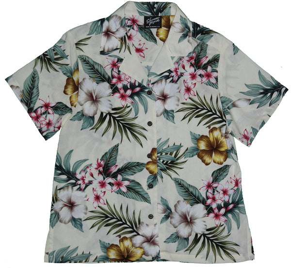 Hibiscus Stephanotis Women's Hawaiian Camp Shirt – 100% Rayon, Made in Hawaii | RJC