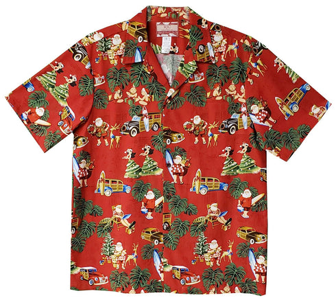 Christmas Woody Surfboard Hula Santa Men's Hawaiian Shirt