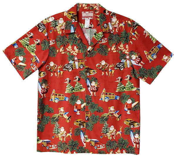 Christmas Woody Surfboard Hula Santa Men's Hawaiian Shirt