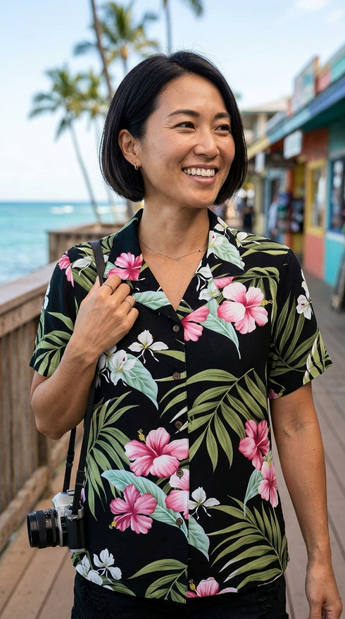 Pale Hibiscus Orchid Women's Hawaiian Camp Shirt – 100% Rayon, Made in Hawaii | RJC