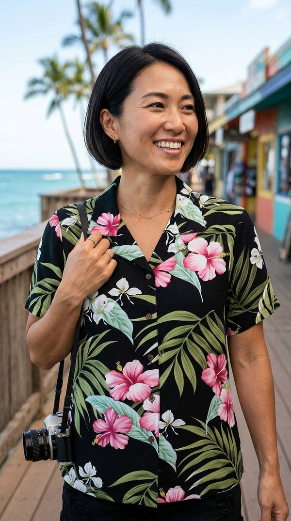 Pale Hibiscus Orchid Women's Hawaiian Camp Shirt – 100% Rayon, Made in Hawaii | RJC