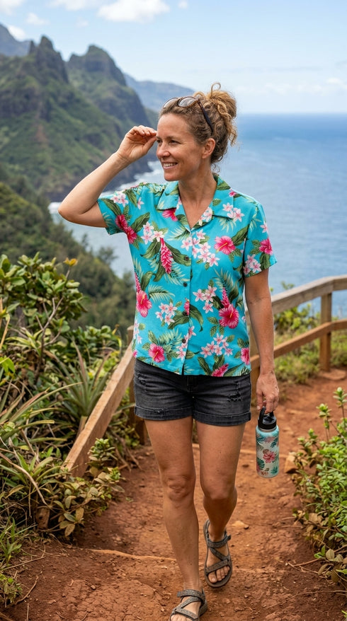 RJC White Plumeria Red Hibiscus Women's Hawaiian Camp Shirt – Rayon, Made in Hawaii