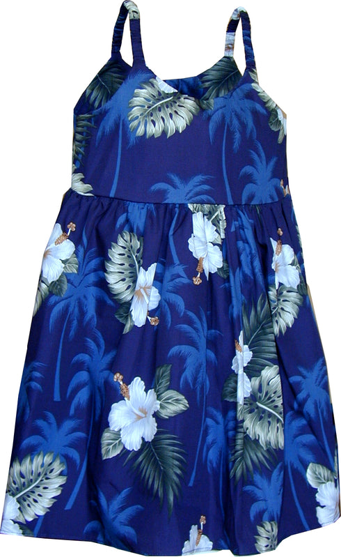White Hibiscus Monstera Girl's Hawaiian Flared Dress