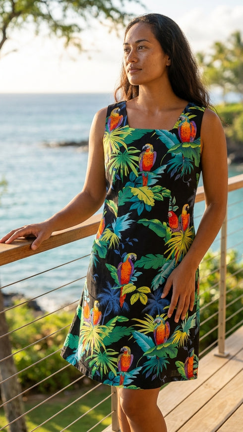Hawaiian Women’s Cotton A-Line Dress – Jungle Parrot – Slimming Bodice