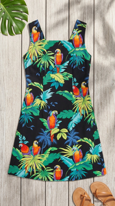 Hawaiian Women’s Cotton A-Line Dress – Jungle Parrot – Slimming Bodice
