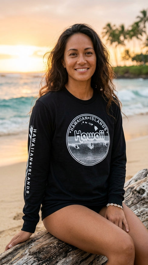 Surfers Hawaii Island Long Sleeve Tee Shirt – 100% Cotton, Screen Printed in Hawaii | RJC