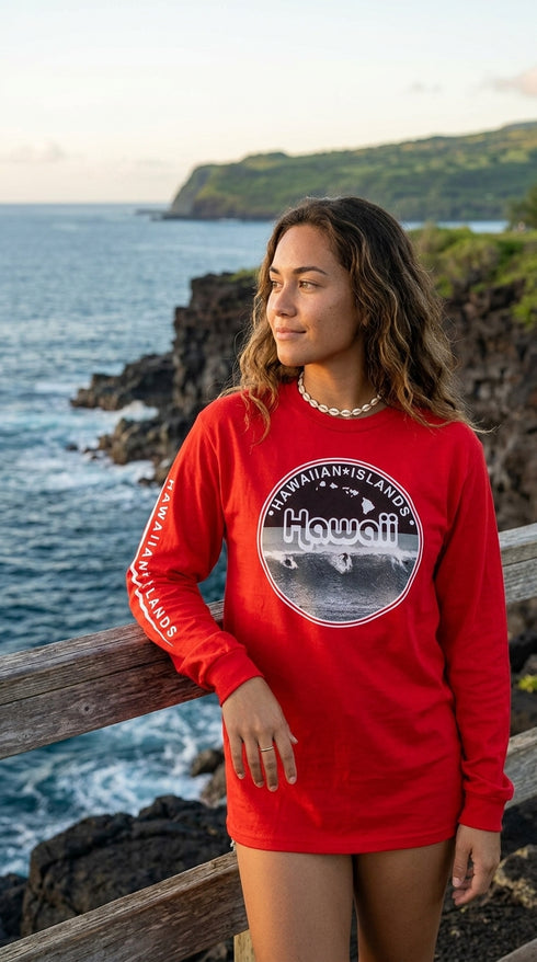 Surfers Hawaii Island Long Sleeve Tee Shirt – 100% Cotton, Screen Printed in Hawaii | RJC