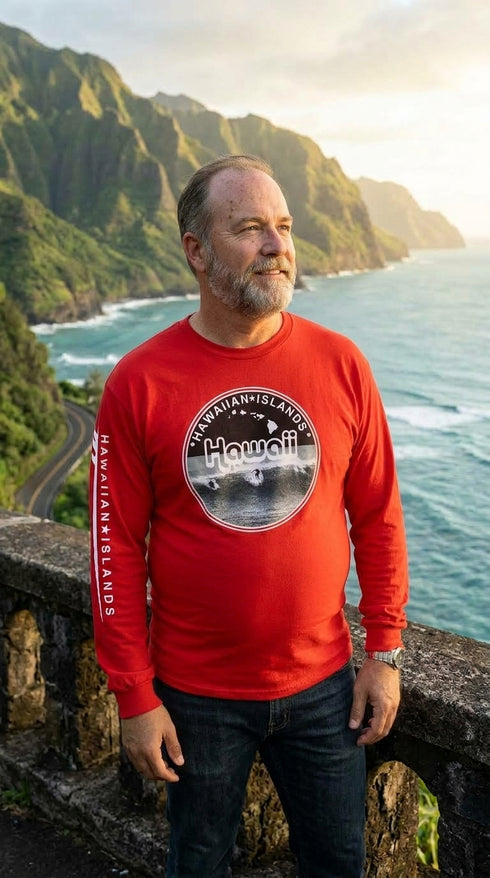 Surfers Hawaii Island Long Sleeve Tee Shirt – 100% Cotton, Screen Printed in Hawaii | RJC
