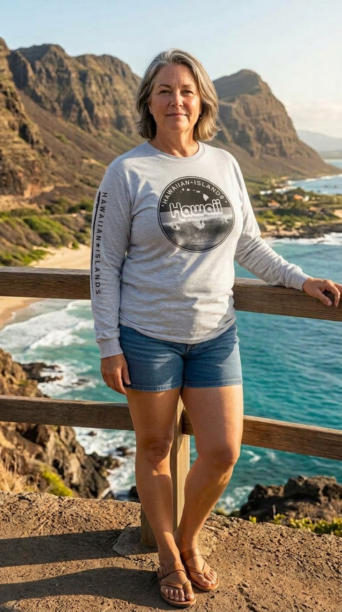 Surfers Hawaii Island Long Sleeve Tee Shirt – 100% Cotton, Screen Printed in Hawaii | RJC