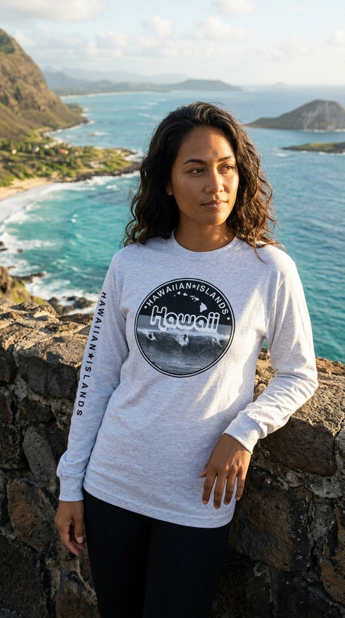 Surfers Hawaii Island Long Sleeve Tee Shirt – 100% Cotton, Screen Printed in Hawaii | RJC