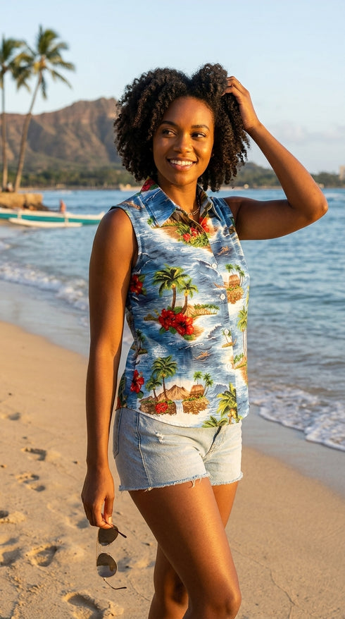 Red Hibiscus Island Women's Fitted Sleeveless Aloha Blouse