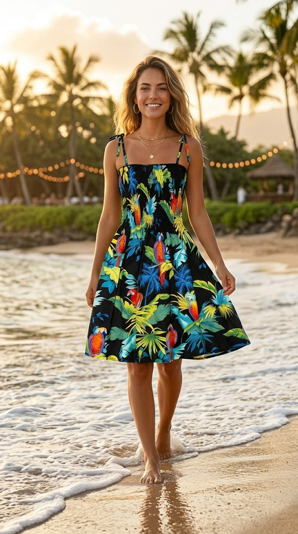 Women's Smocked Tube Dress - Jungle Parrot Print