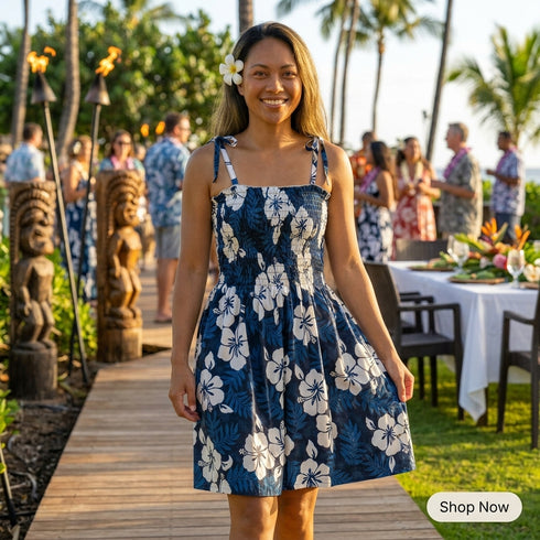 Women’s Smocked Tube Dress – White Hibiscus Fern Print