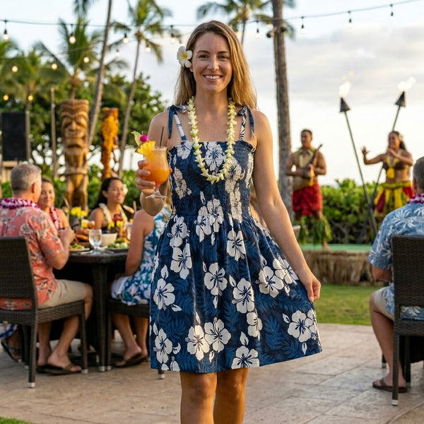 Women’s Smocked Tube Dress – White Hibiscus Fern Print