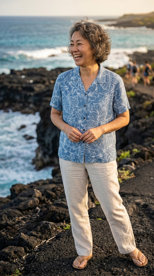 RJC Woodcut Hibiscus Garden Women's Hawaiian Camp Shirt – Rayon, Made in Hawaii