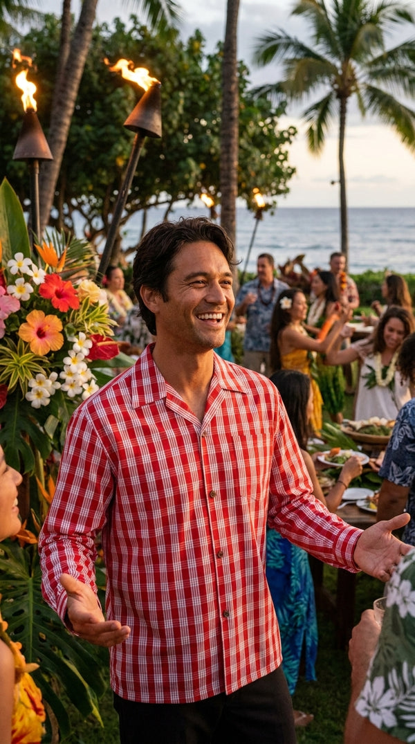 Men's Classic Hawaiian Paniolo Palaka Plaid Long Sleeve Shirt
