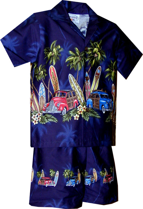 Old Time Woodie Surfboard Boy's 2pc Hawaiian Cabana Set