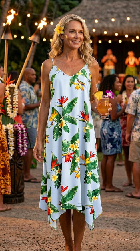 Women's Handkerchief Hem Dress - Bird of Paradise Display - Midi Length