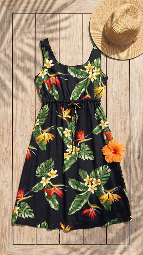 Bird of Paradise Display Women's Empire Tie Front Hawaiian Dress (Generous Fit)