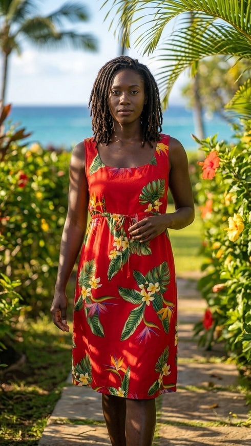 Bird of Paradise Display Women's Empire Tie Front Hawaiian Dress (Generous Fit)