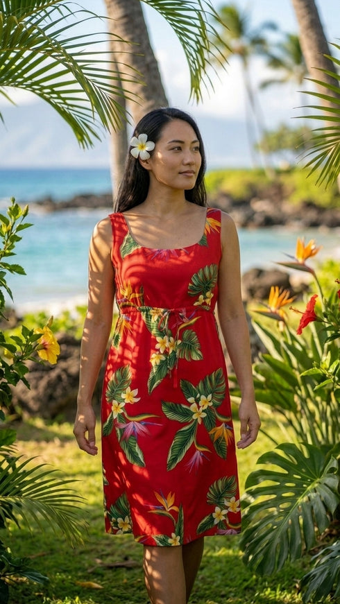 Bird of Paradise Display Women's Empire Tie Front Hawaiian Dress (Generous Fit)