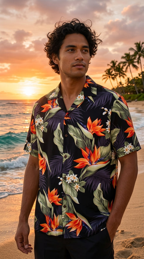 Pacific Legend Mens Bird of Paradise Plumeria Shirt