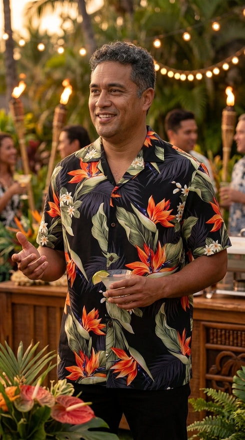 Pacific Legend Mens Bird of Paradise Plumeria Shirt